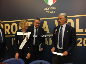 Da sx Federica Pellegrini, il Presidente Fin e Len Polo Barelli, il Presidente Coni e Aniene Giovanni Malagò