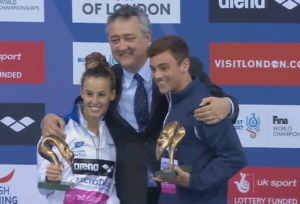 Paolo Barelli con Tania Cagnotto e Tom Daley (Len tv)