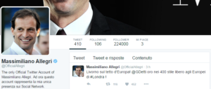Le congratulazioni di Massimiliano Allegri a Gabriele Detti, via Twitter