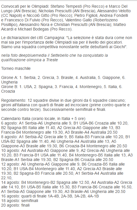 Convocati del Settebello e programma della pallanuoto a Rio 2016 (Fin)