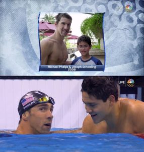 Joseph Schooling e Michael Phelps, ieri e oggi (Nbc)