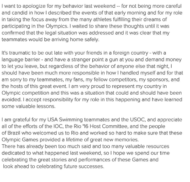 Il messaggio integrale di Ryan Lochte