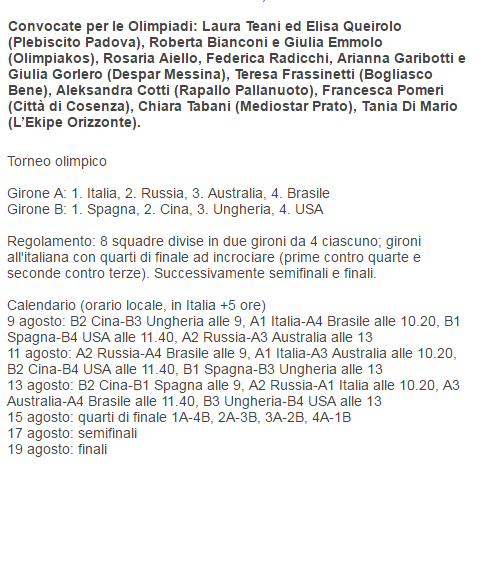 Le convocate e il programma gare (Fin)